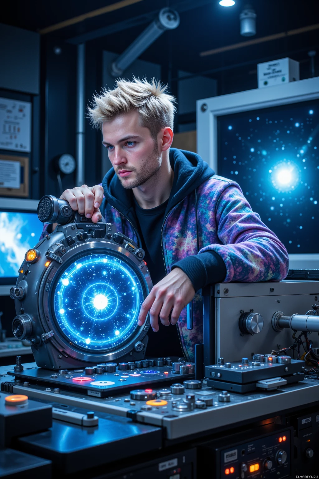 A person in a hoodie interacts with a futuristic device in a high-tech environment.