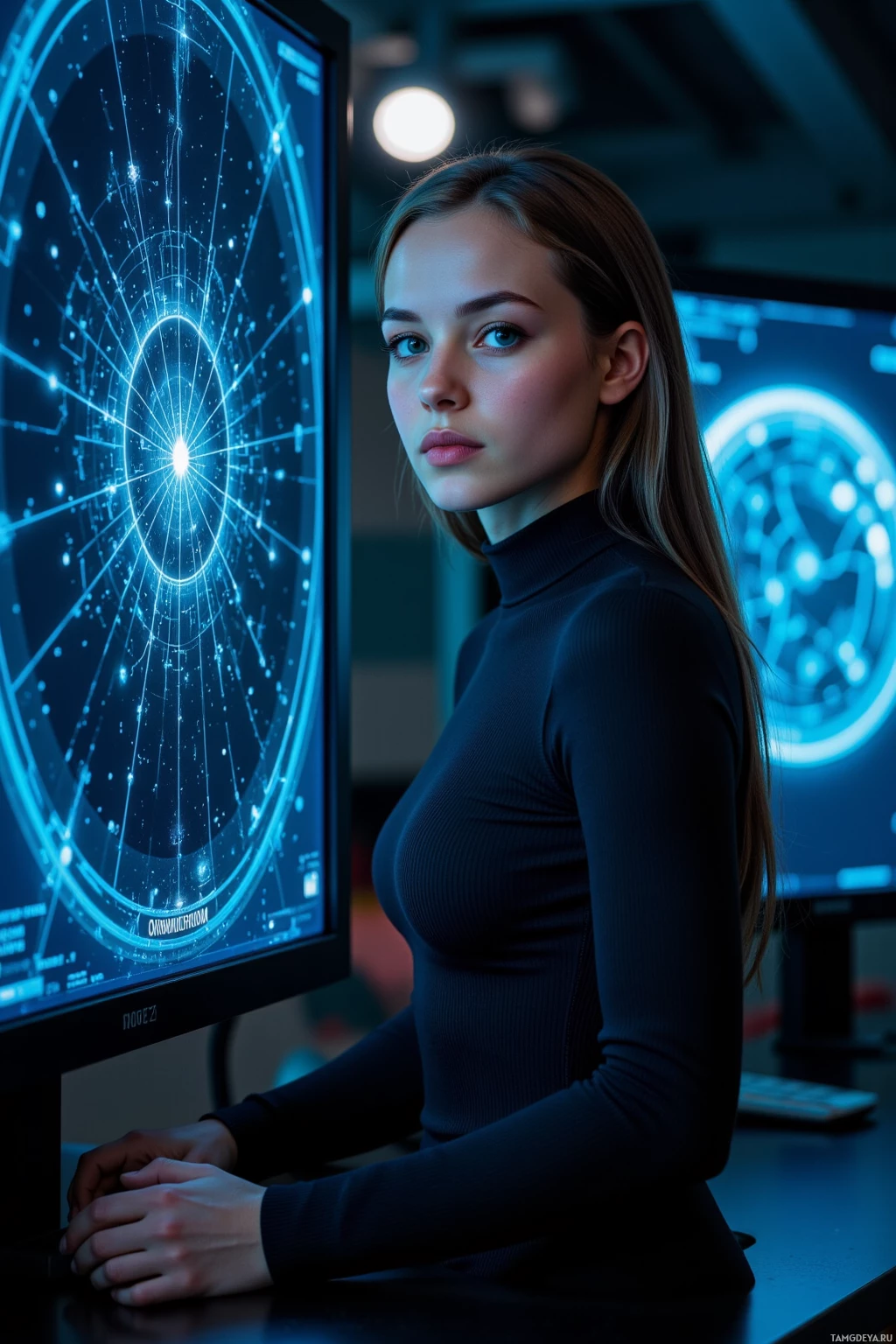 A person in a dark setting with a futuristic display screen.