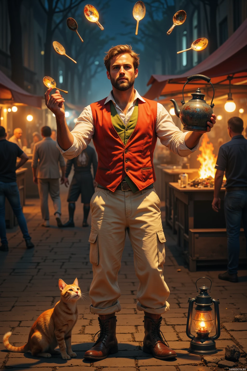 A man in a red vest juggles spoons while holding a kettle, with a cat sitting nearby on a cobblestone street.
