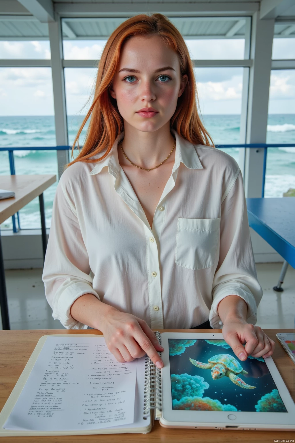 A person with red hair sits at a table with a notebook and tablet, with an ocean view in the background.