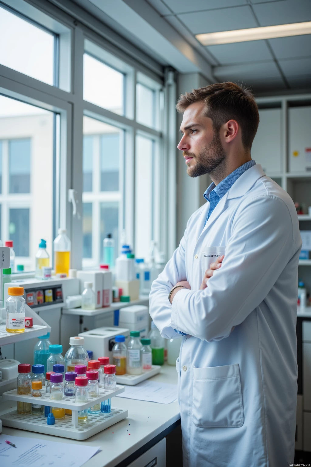 A scientist in a lab coat stands with arms crossed, looking out a window.