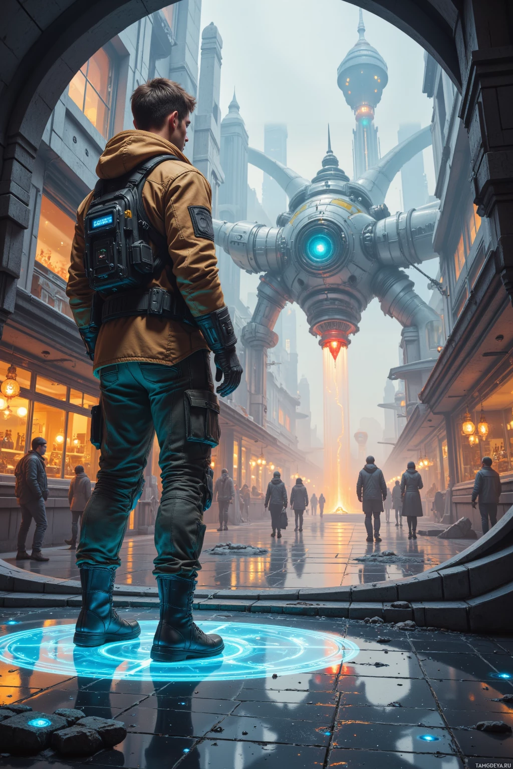 A futuristic cityscape with a person in a brown jacket standing in an archway, facing a glowing, mechanical structure.