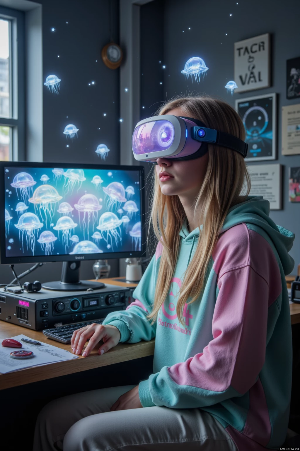 A person wearing a VR headset sits at a desk with a computer monitor displaying jellyfish.