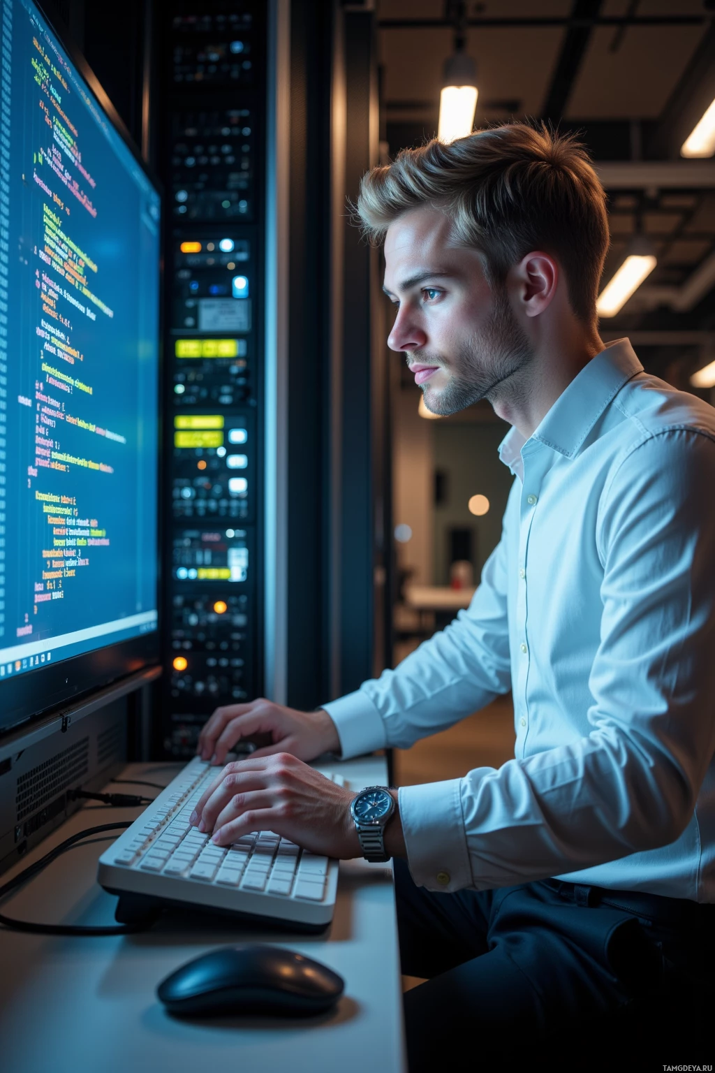 A person is working at a computer in a modern office setting.
