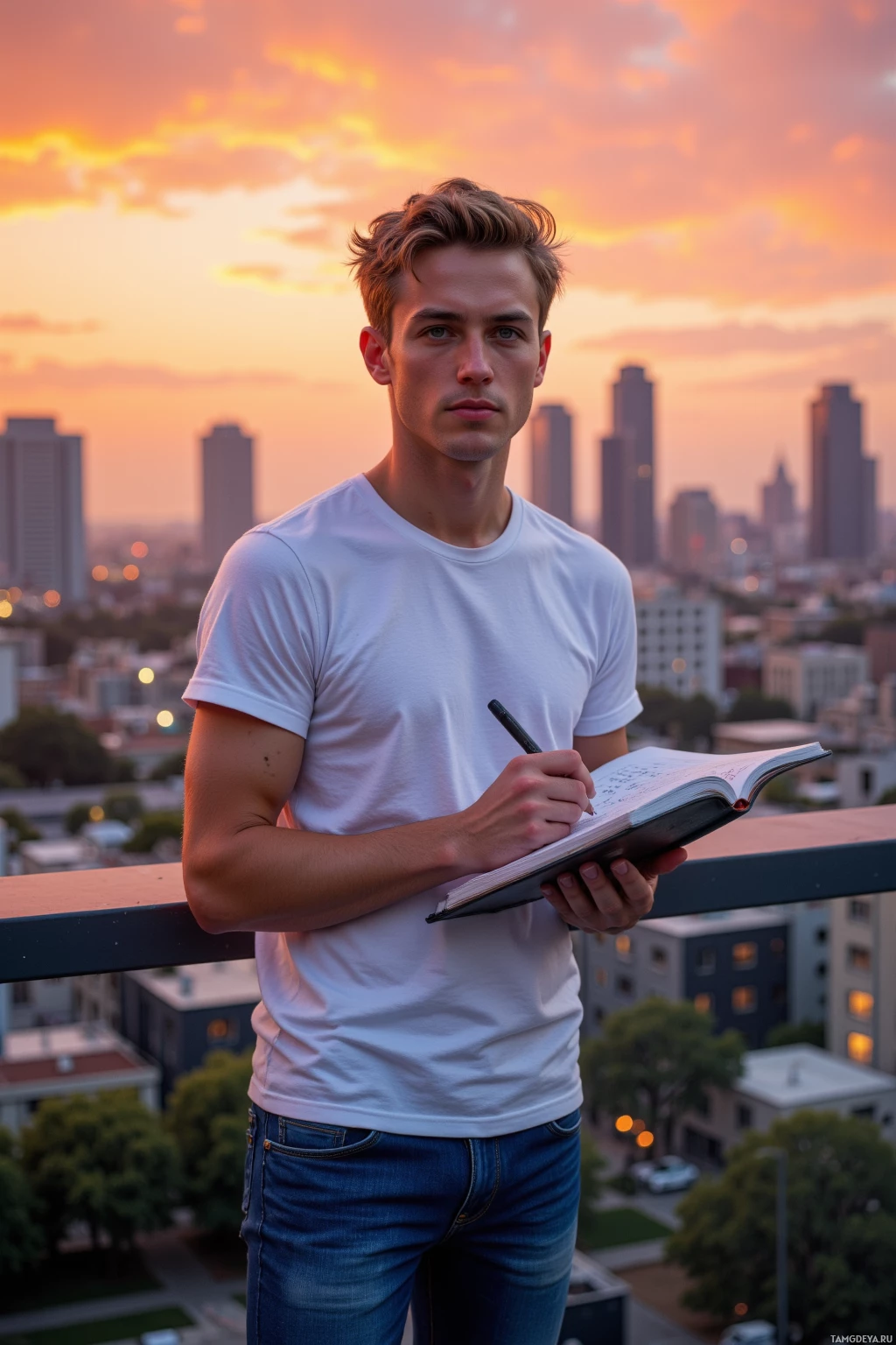 A person in a white t-shirt and jeans stands on a rooftop, holding a notebook and pen, with a cityscape and sunset in the background.