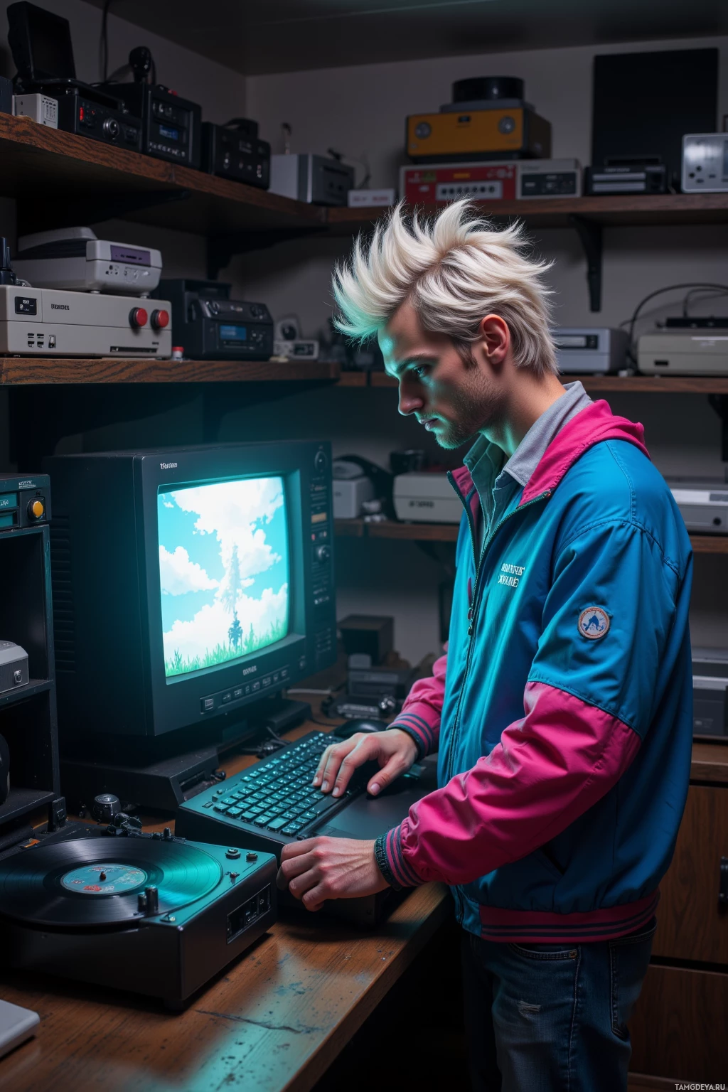 A person in a retro jacket stands at a desk with a CRT monitor displaying a landscape, surrounded by vintage audio equipment.