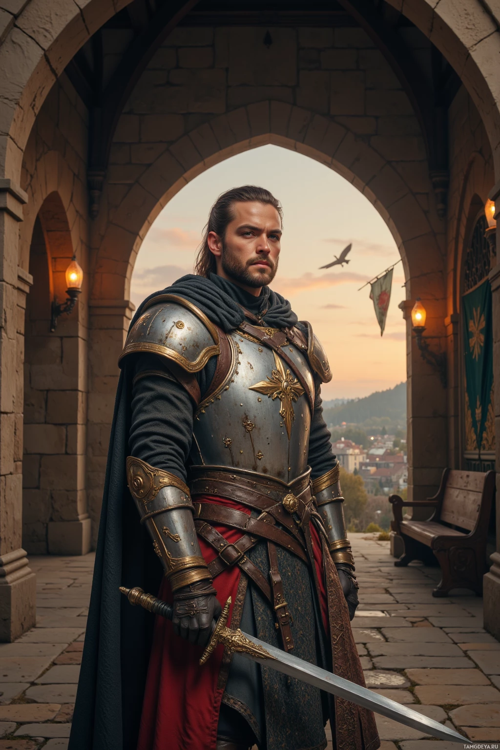 A knight in armor stands under an archway, holding a sword.