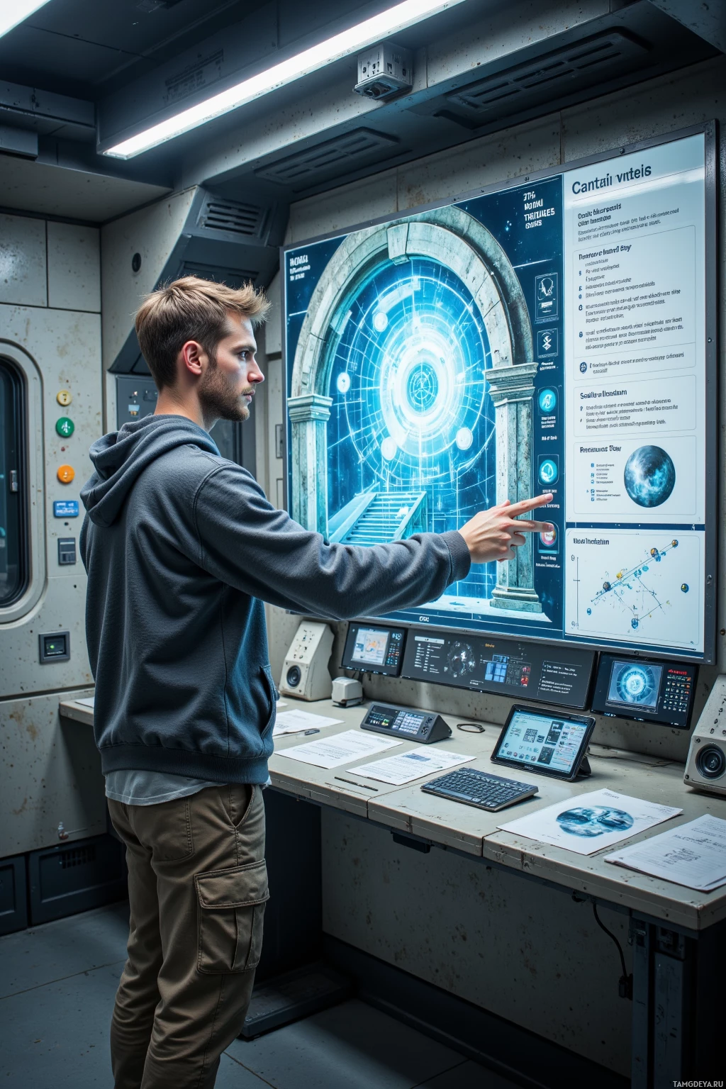 A person is interacting with a futuristic control panel in a high-tech environment.