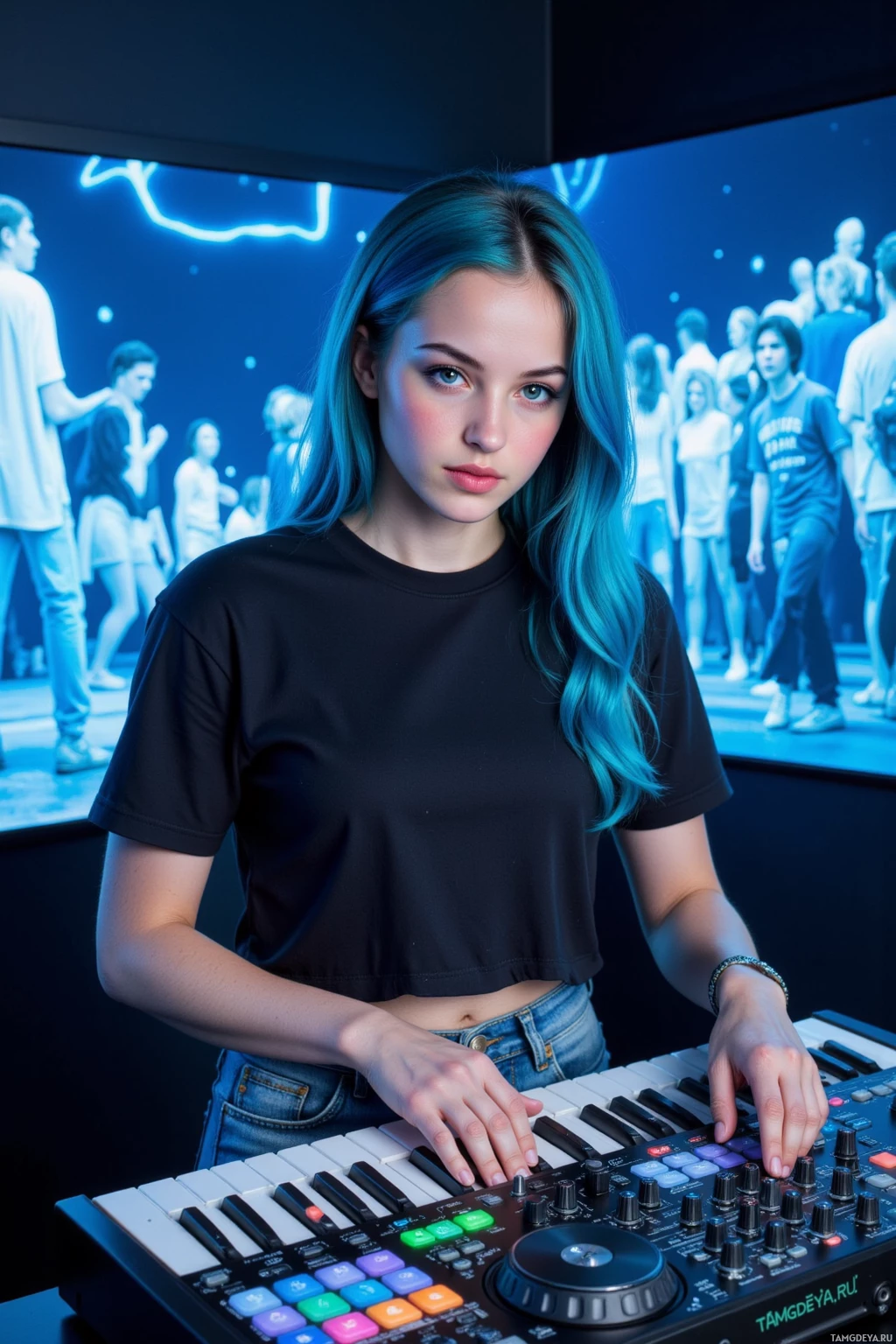 A person with blue hair stands in front of a music production setup, wearing a black shirt and jeans.