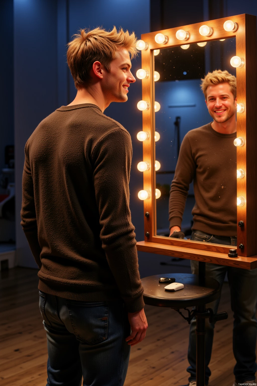 A man in a brown sweater stands in front of a mirror with illuminated bulbs, smiling.