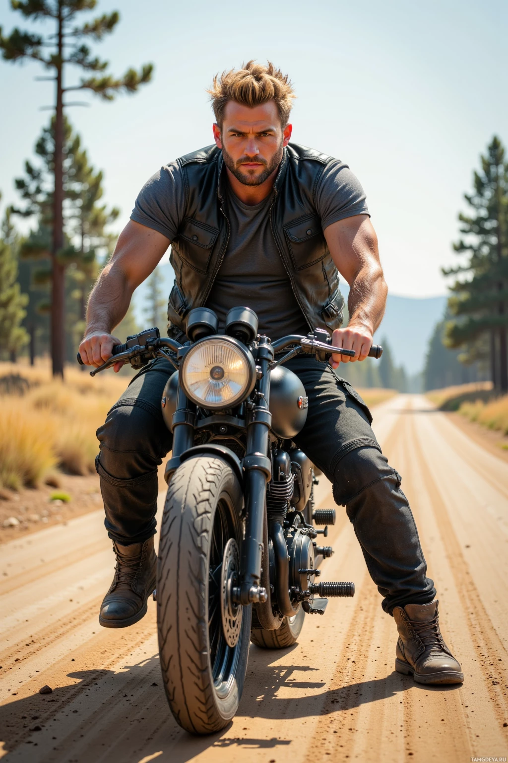 A man rides a motorcycle on a dirt road in a forested area.