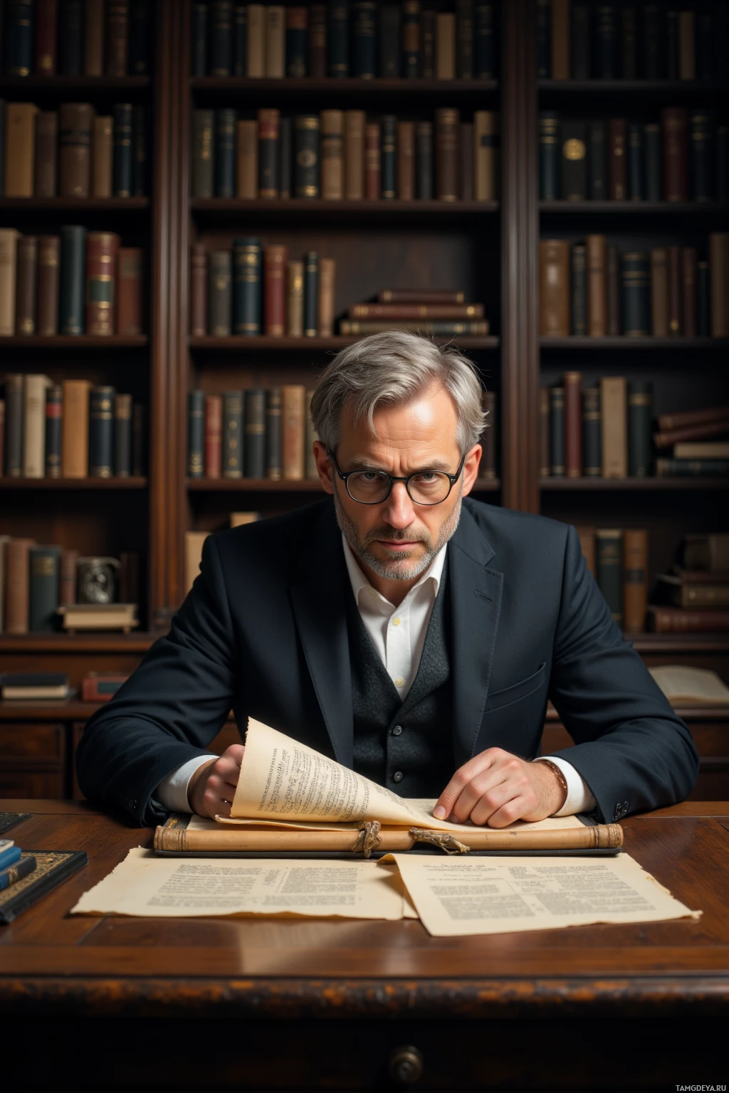 A man in a suit sits at a desk in a library, holding an open book.