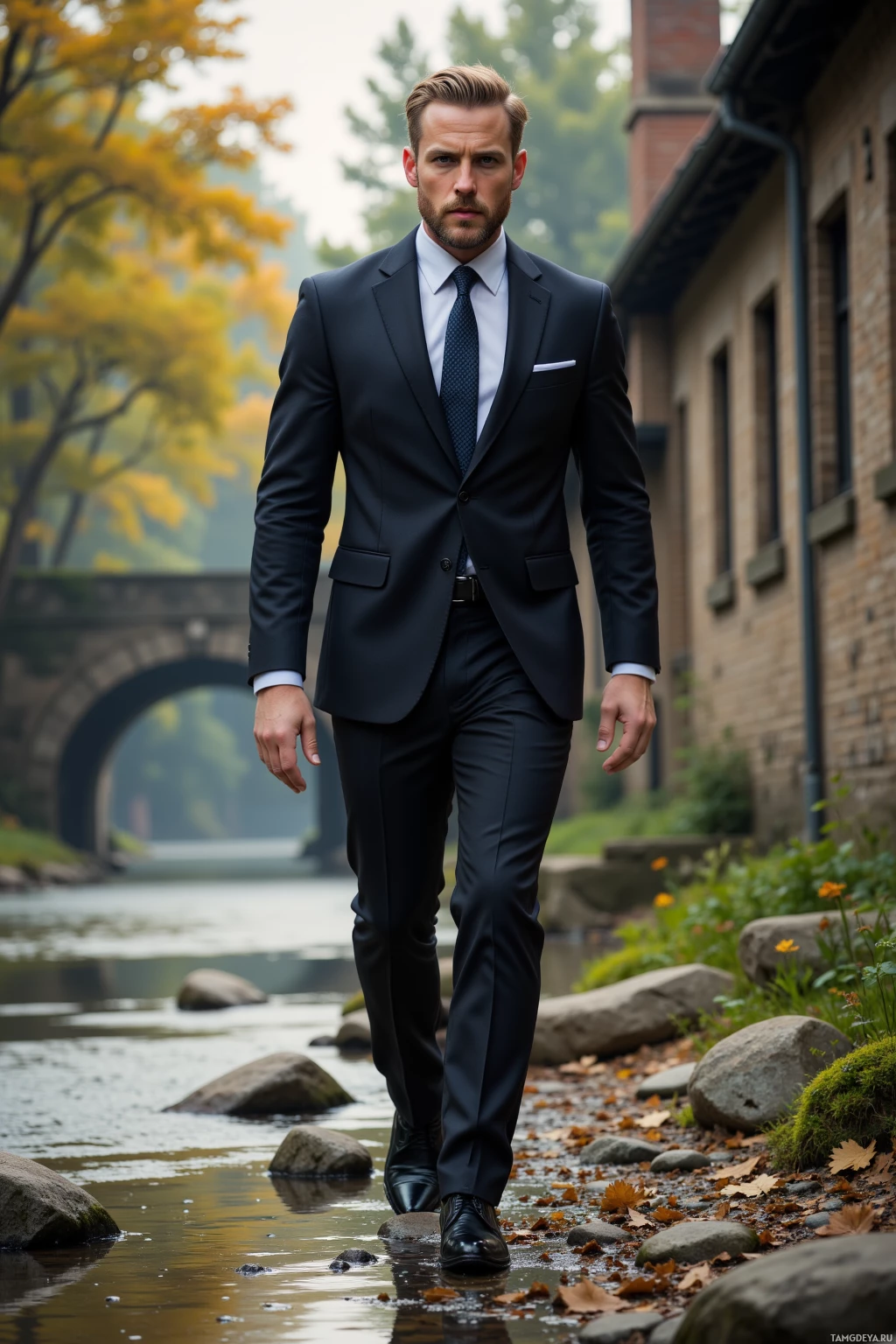 A man in a formal suit walks along a stream in a serene outdoor setting.