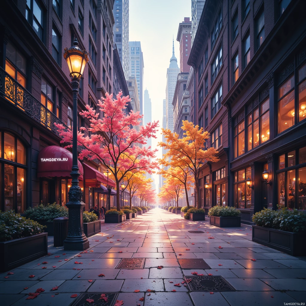 A picturesque urban alleyway lined with autumn-colored trees and illuminated by vintage street lamps.