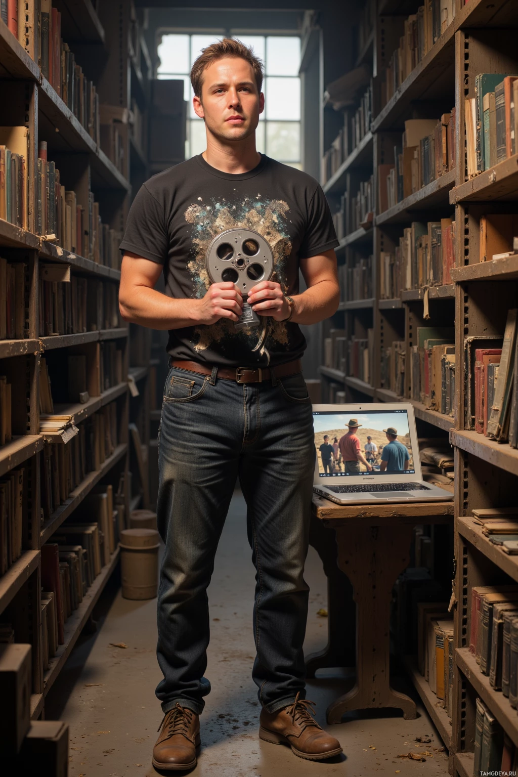 A man stands in a library aisle holding a film reel, with a laptop displaying a scene in the background.