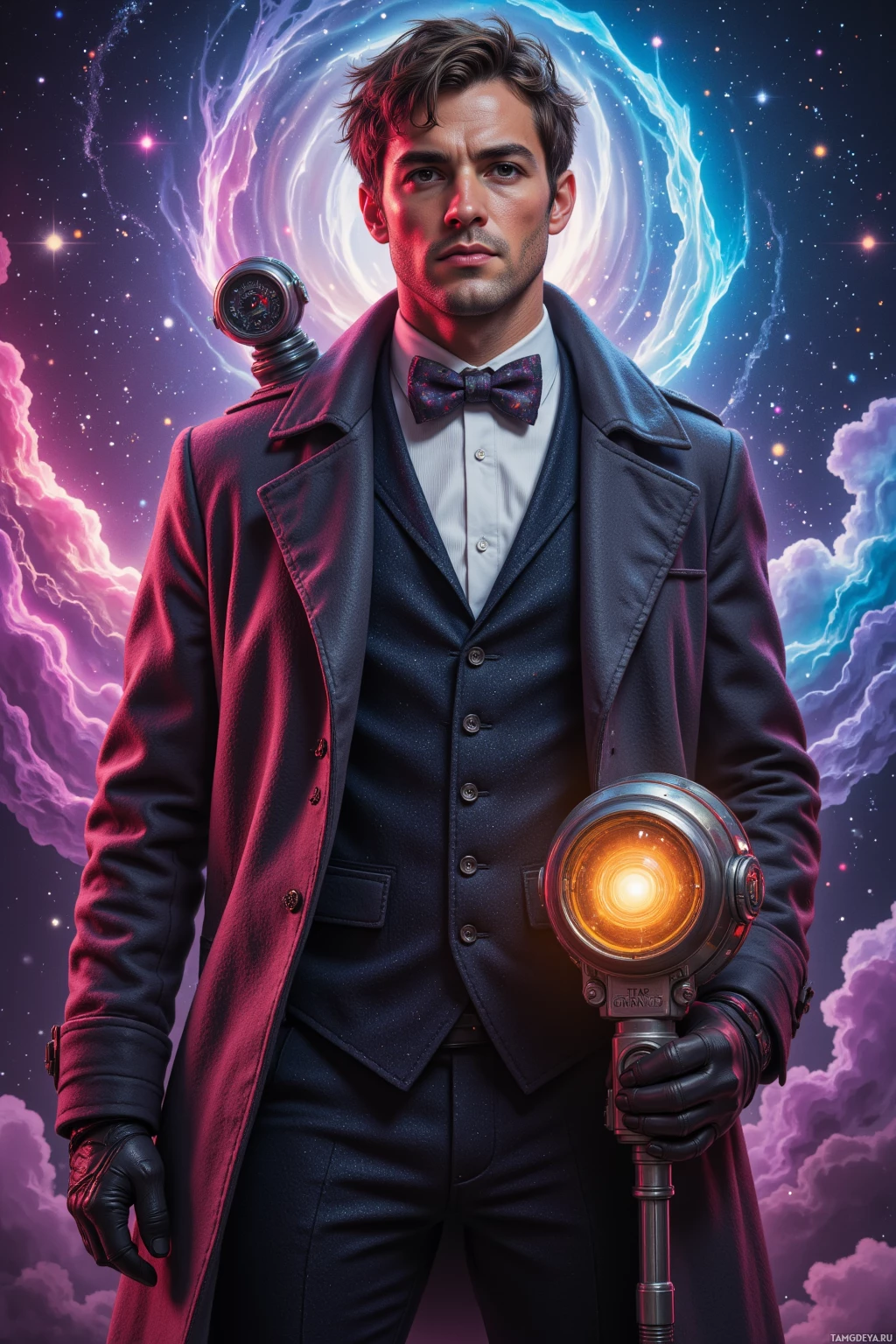 A man in a formal outfit holds a glowing device against a cosmic background.