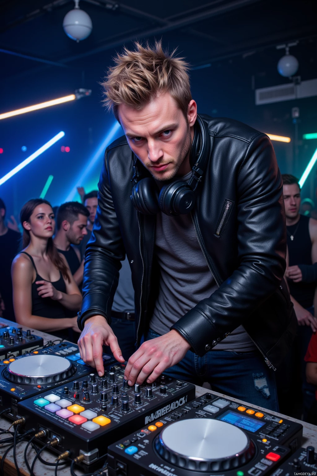 A DJ in a leather jacket is performing at a nightclub.