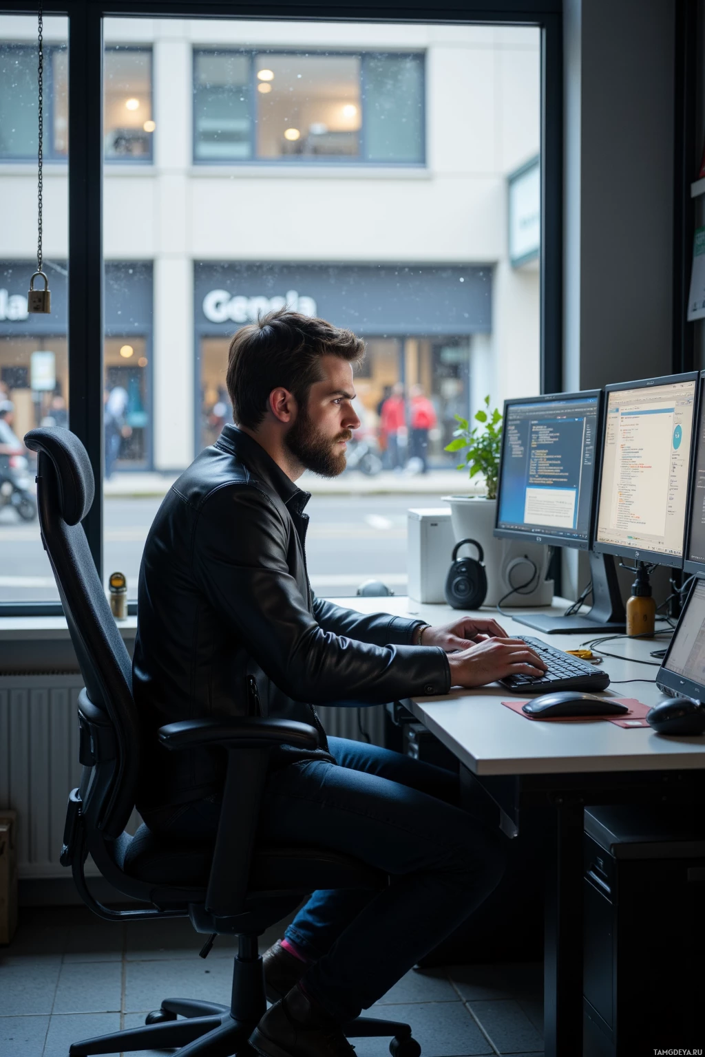 A man sits at a desk in an office, working on a computer with multiple monitors.