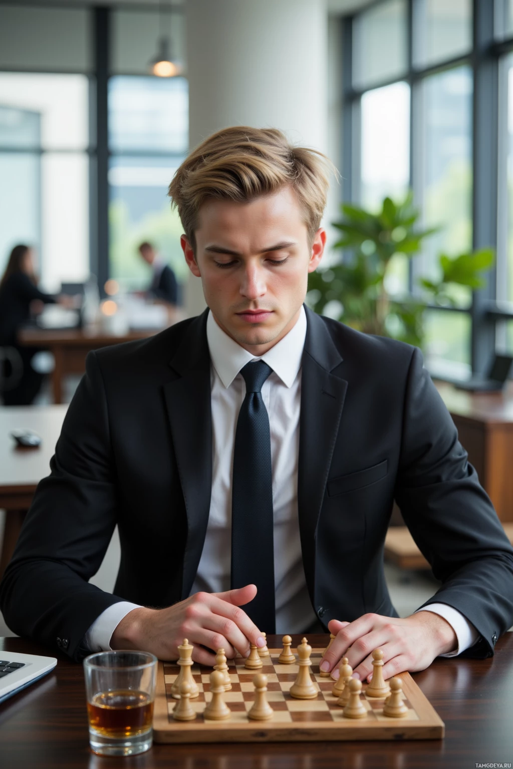 A man in a suit plays chess at a table with a glass of whiskey.
