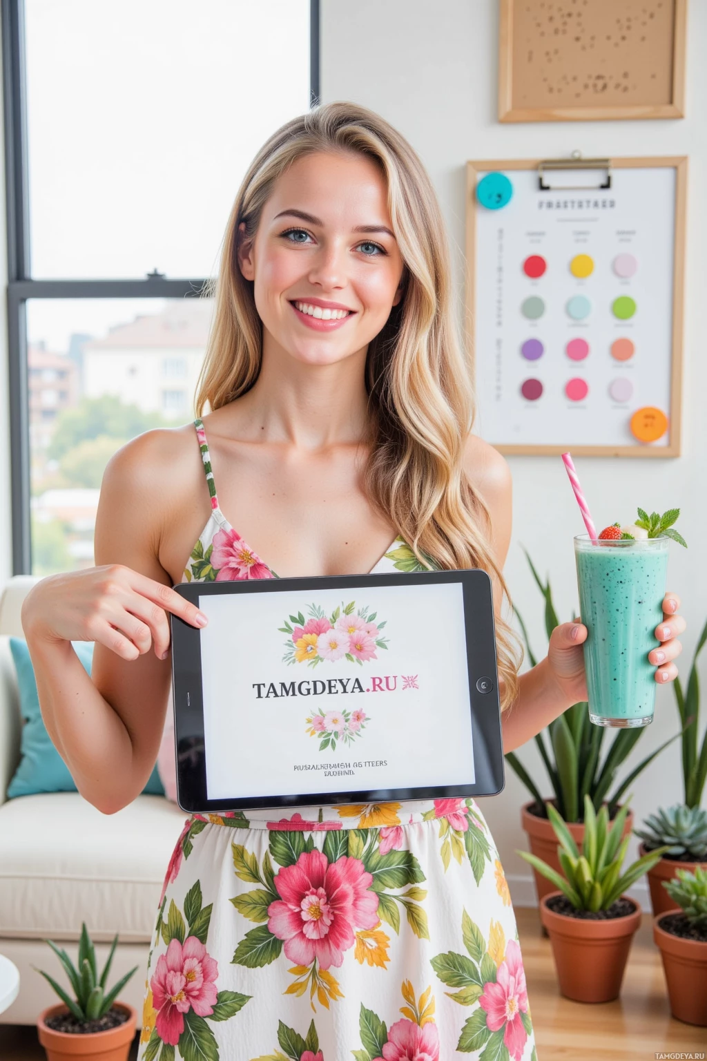 A woman holds a tablet displaying "TAMGDEYA.RU" and a glass of green smoothie with a straw.