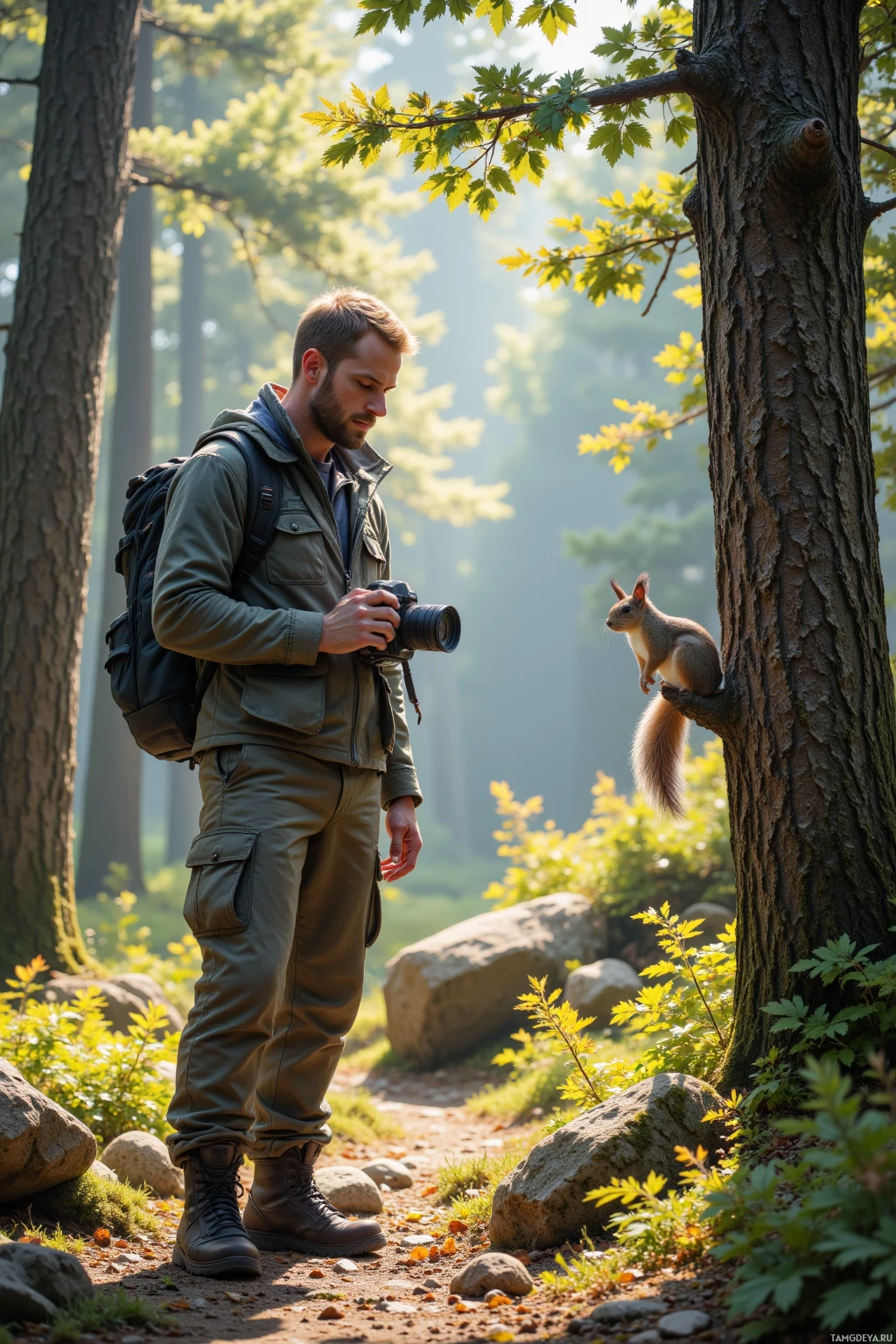 A man in outdoor attire stands on a forest trail, holding a camera, with a squirrel perched on a tree trunk nearby.