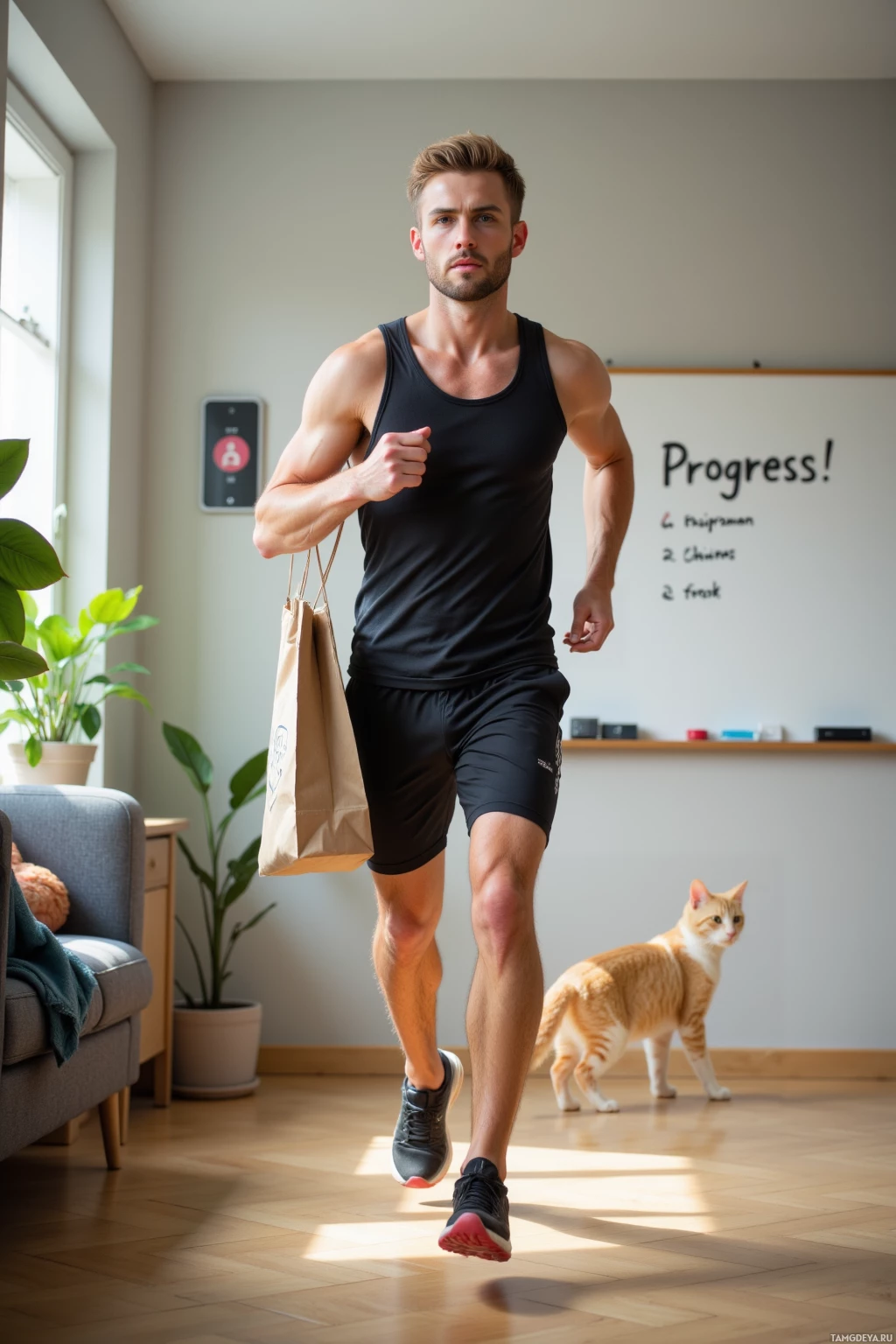 A muscular man in athletic attire runs indoors while carrying a shopping bag, with a cat and a whiteboard in the background.