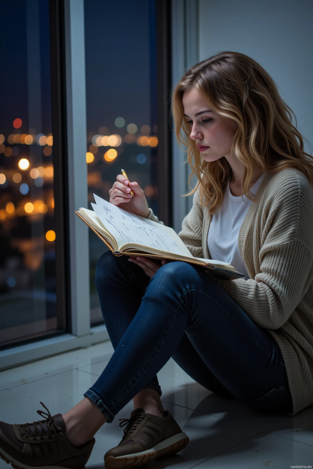 A woman sits by a window at night, writing in a notebook.