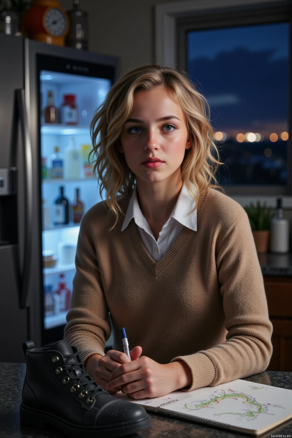 A person wearing a sweater and a white shirt is sitting at a table with a notebook and a pen, in a kitchen setting.