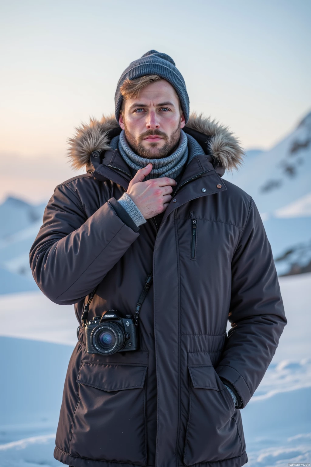 A person wearing a winter coat and hat stands in a snowy landscape.