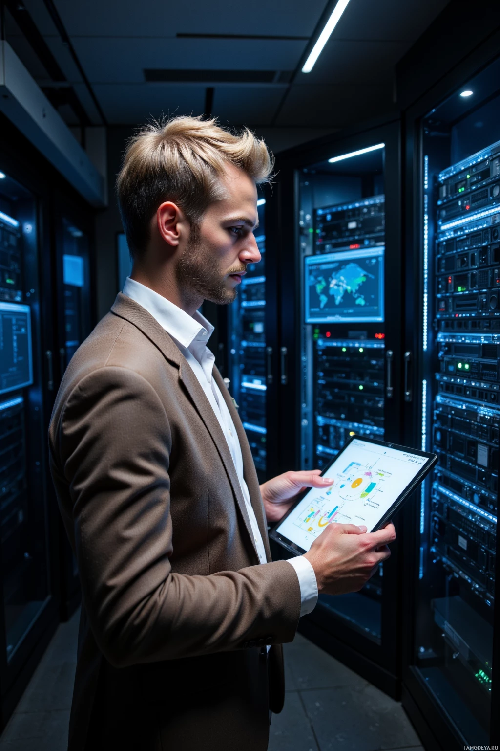 A man in a suit stands in a server room, holding a tablet.
