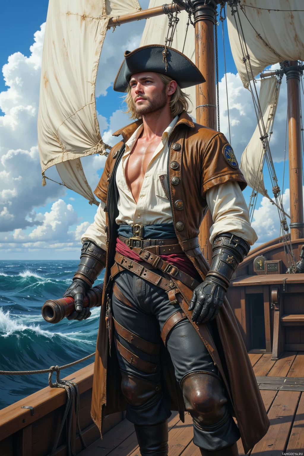 A pirate stands on a ship deck, holding a spyglass, with a backdrop of a vast ocean and clear sky.