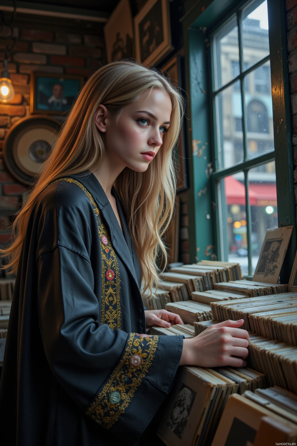 A woman with long blonde hair stands by a window, leaning on a stack of books in a cozy, rustic setting.
