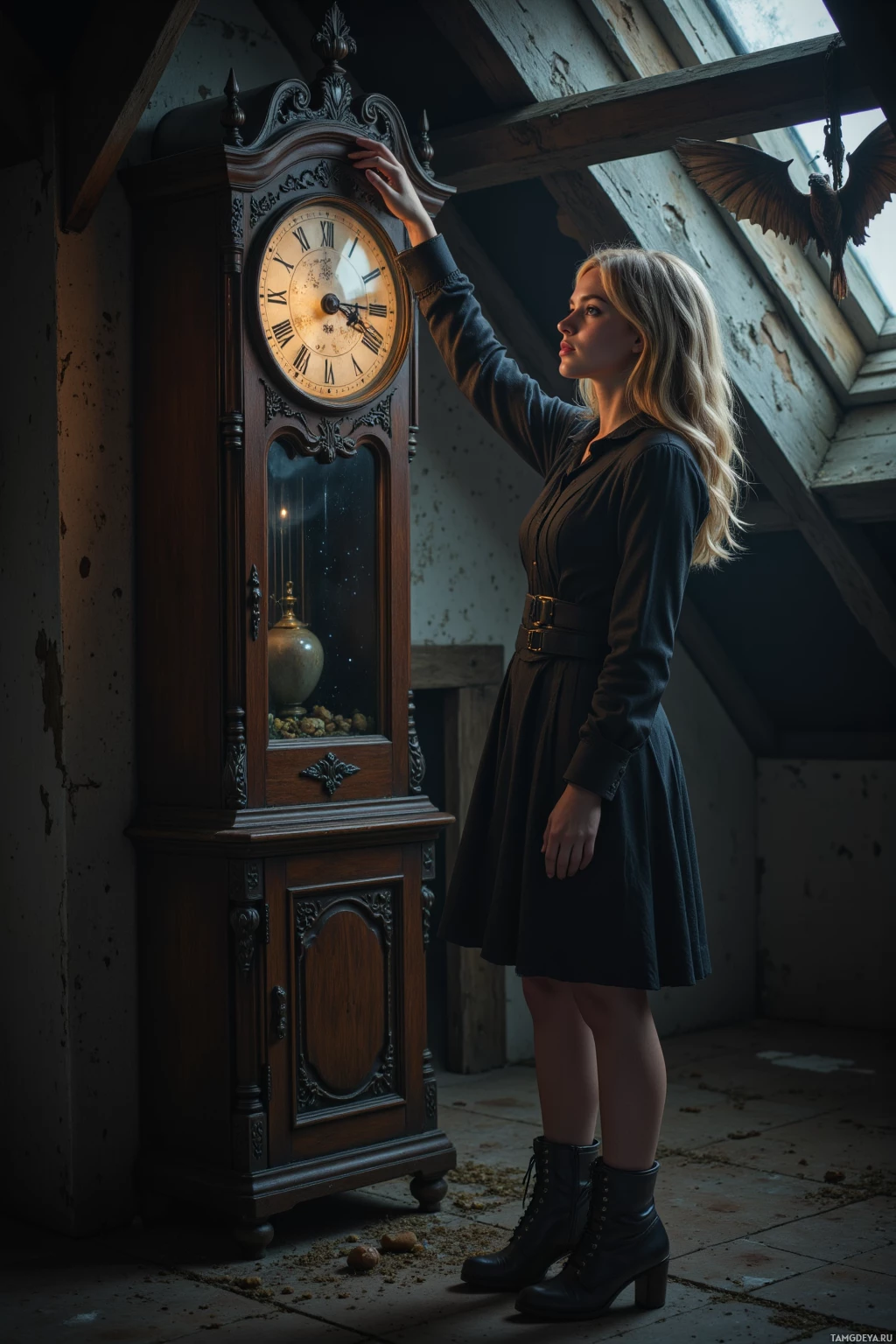 A woman in a dark dress stands beside an ornate grandfather clock in a dimly lit room.