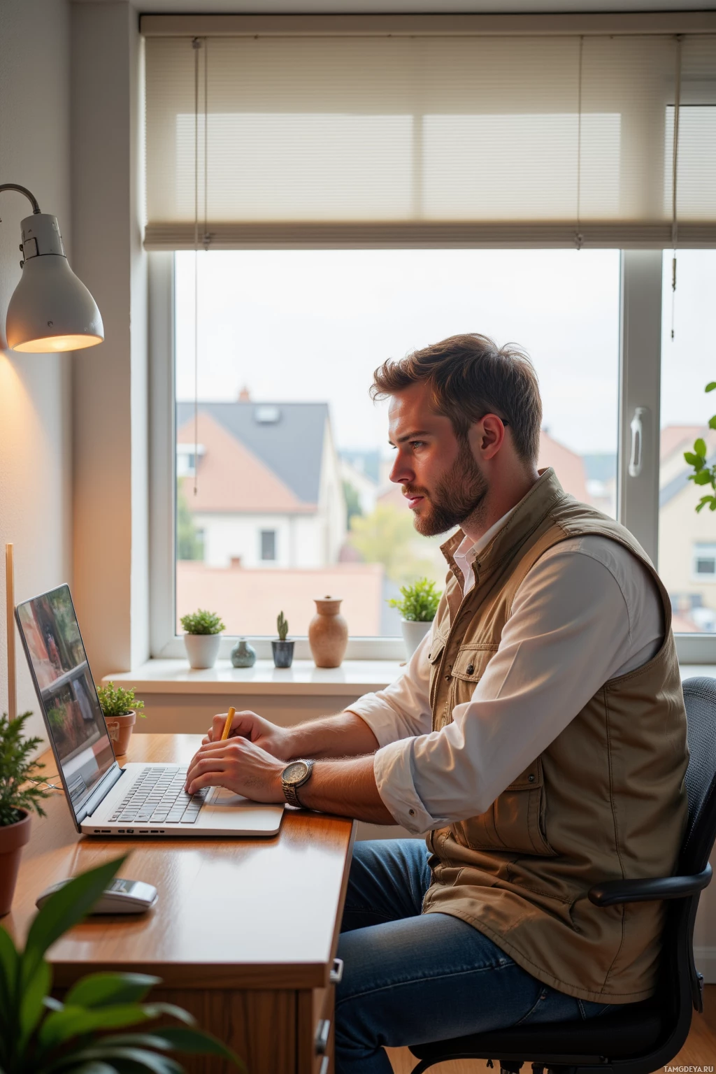 A man is working at a desk with a laptop, surrounded by indoor plants and a window view.