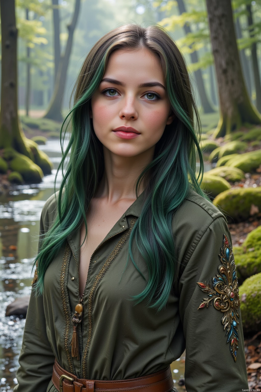 A woman with green hair stands in a forested area near a stream.