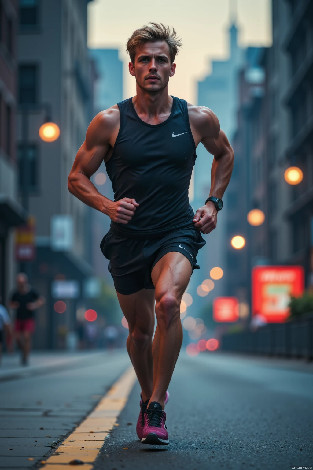 A man is running on a city street at dusk.