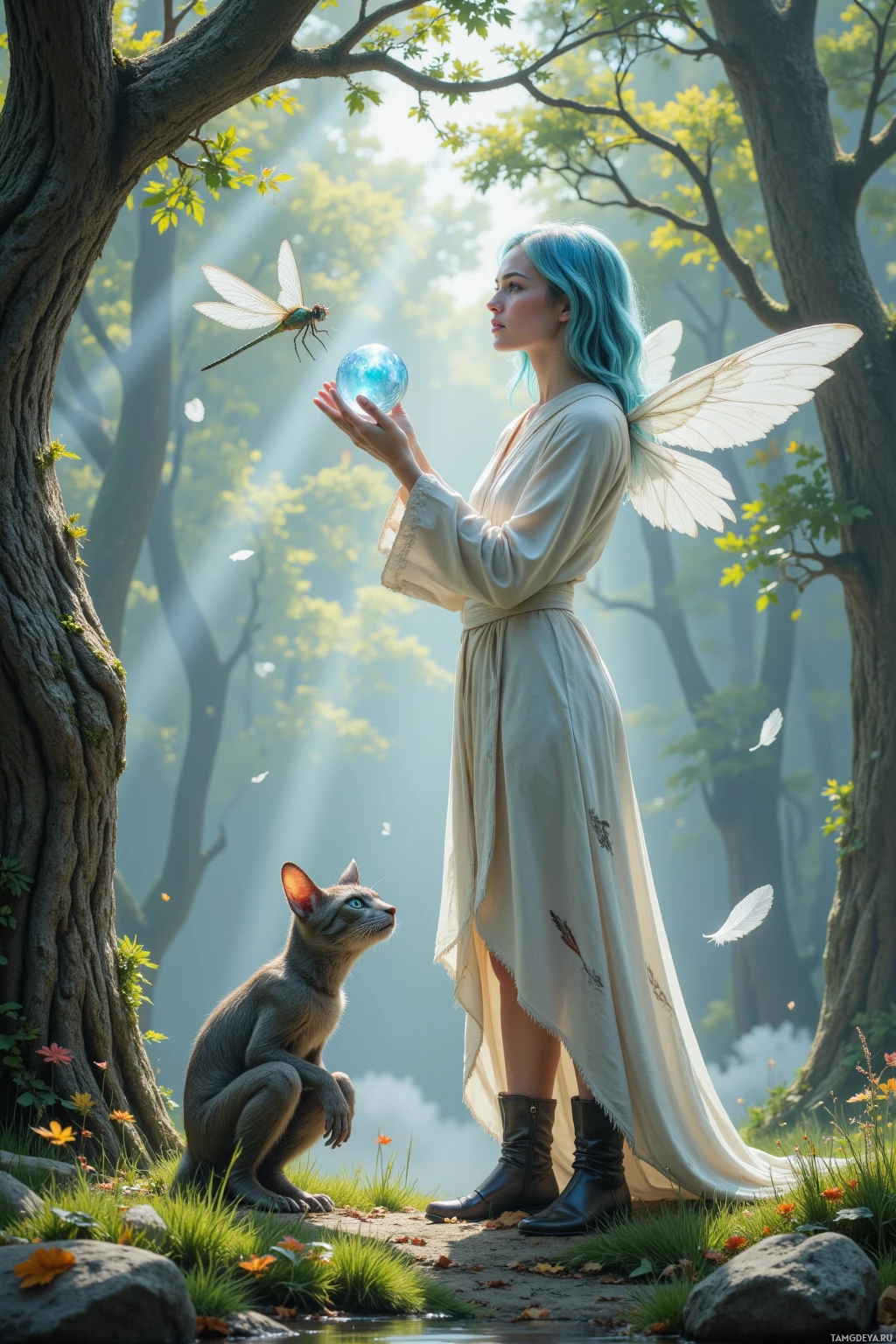 A woman with wings holds a glowing orb in a serene forest setting with a cat nearby.
