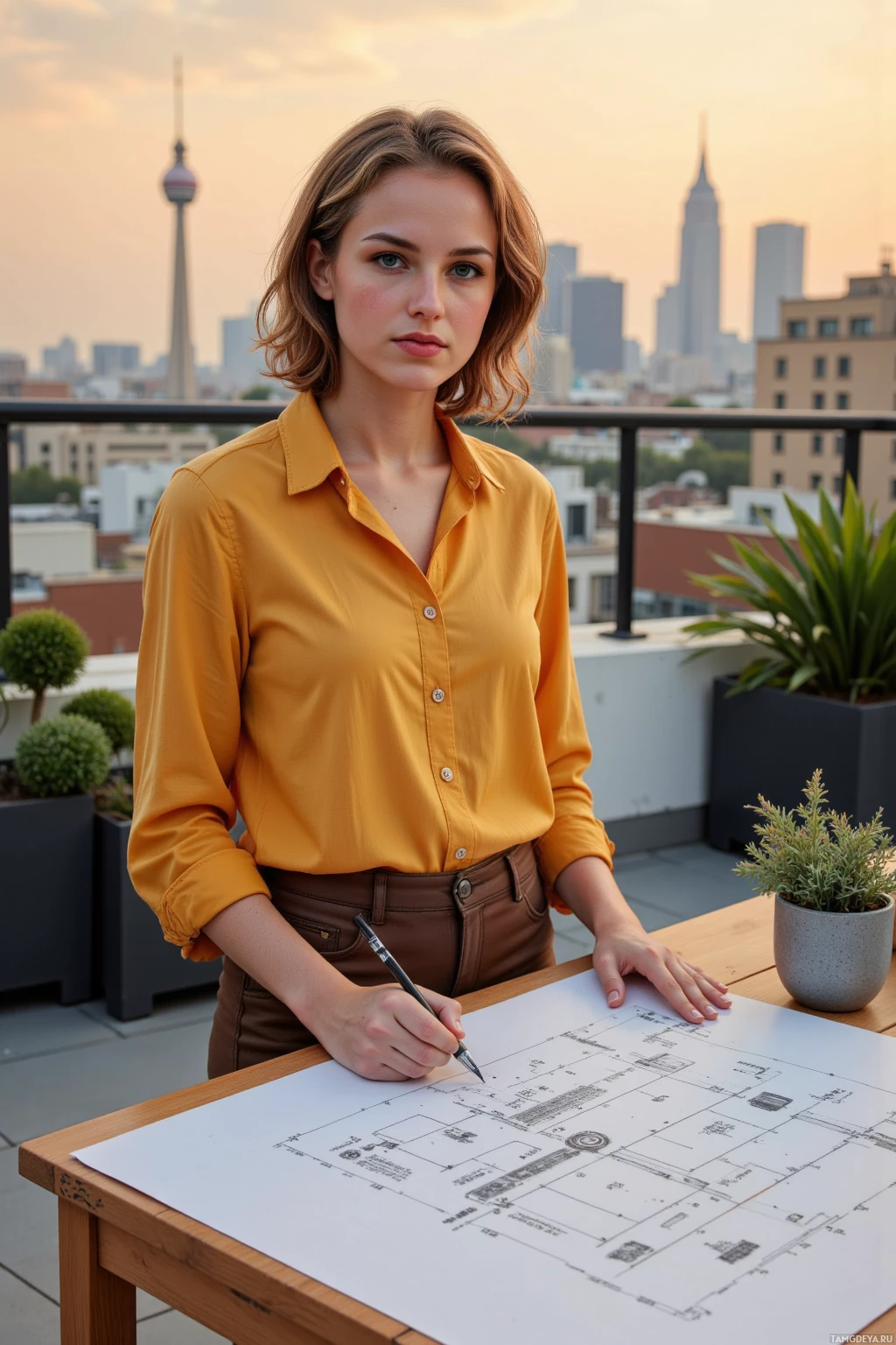 A woman in a yellow shirt stands on a rooftop, holding a pen and looking at architectural blueprints.