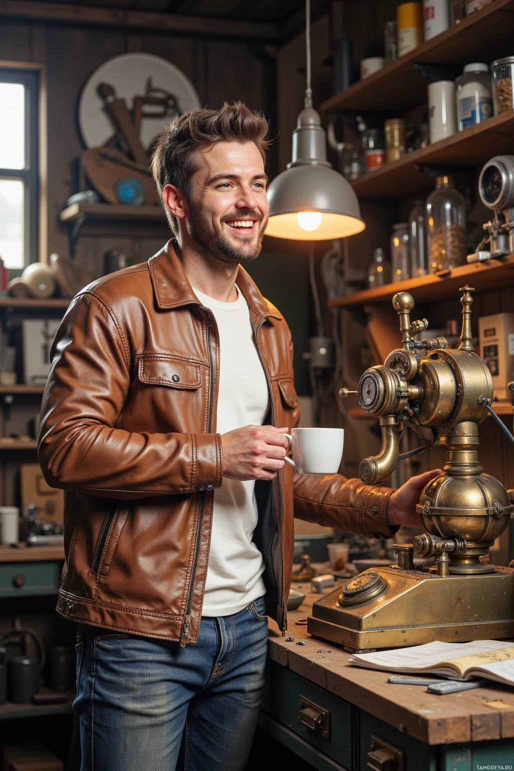 A man in a leather jacket stands in a workshop, holding a cup and smiling.