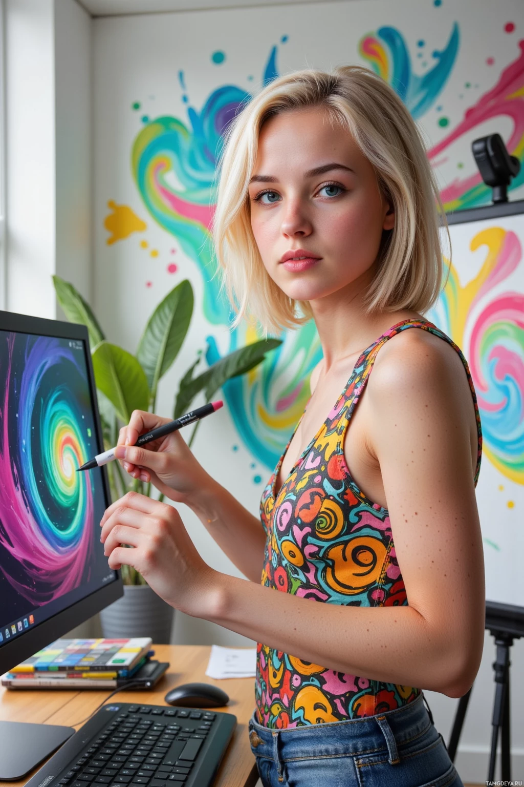 A person stands at a desk with a computer, holding a stylus, in front of a colorful abstract painting.