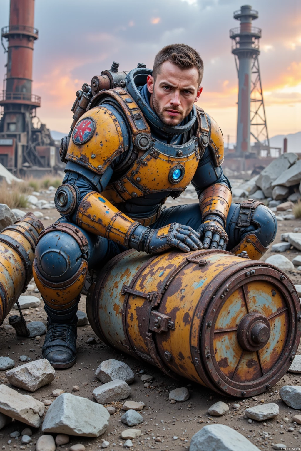 A person in a rugged, futuristic suit kneels beside a rusted barrel in a desolate, rocky landscape.