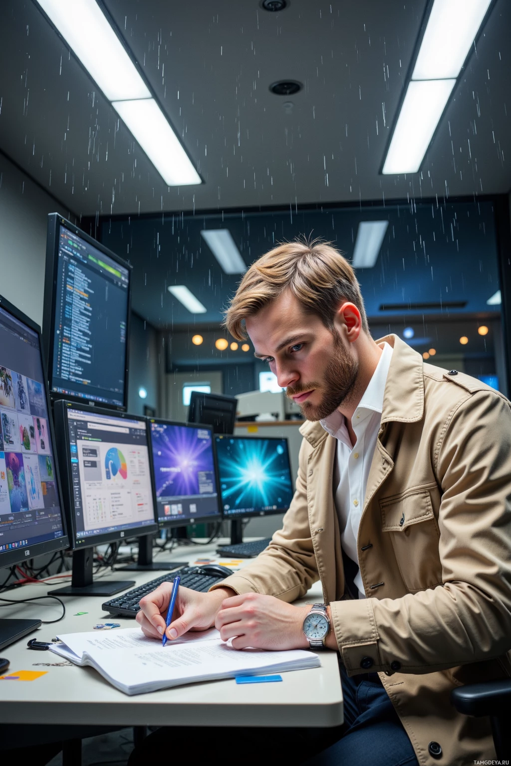 A person is working at a desk with multiple computer monitors, taking notes in a notebook.