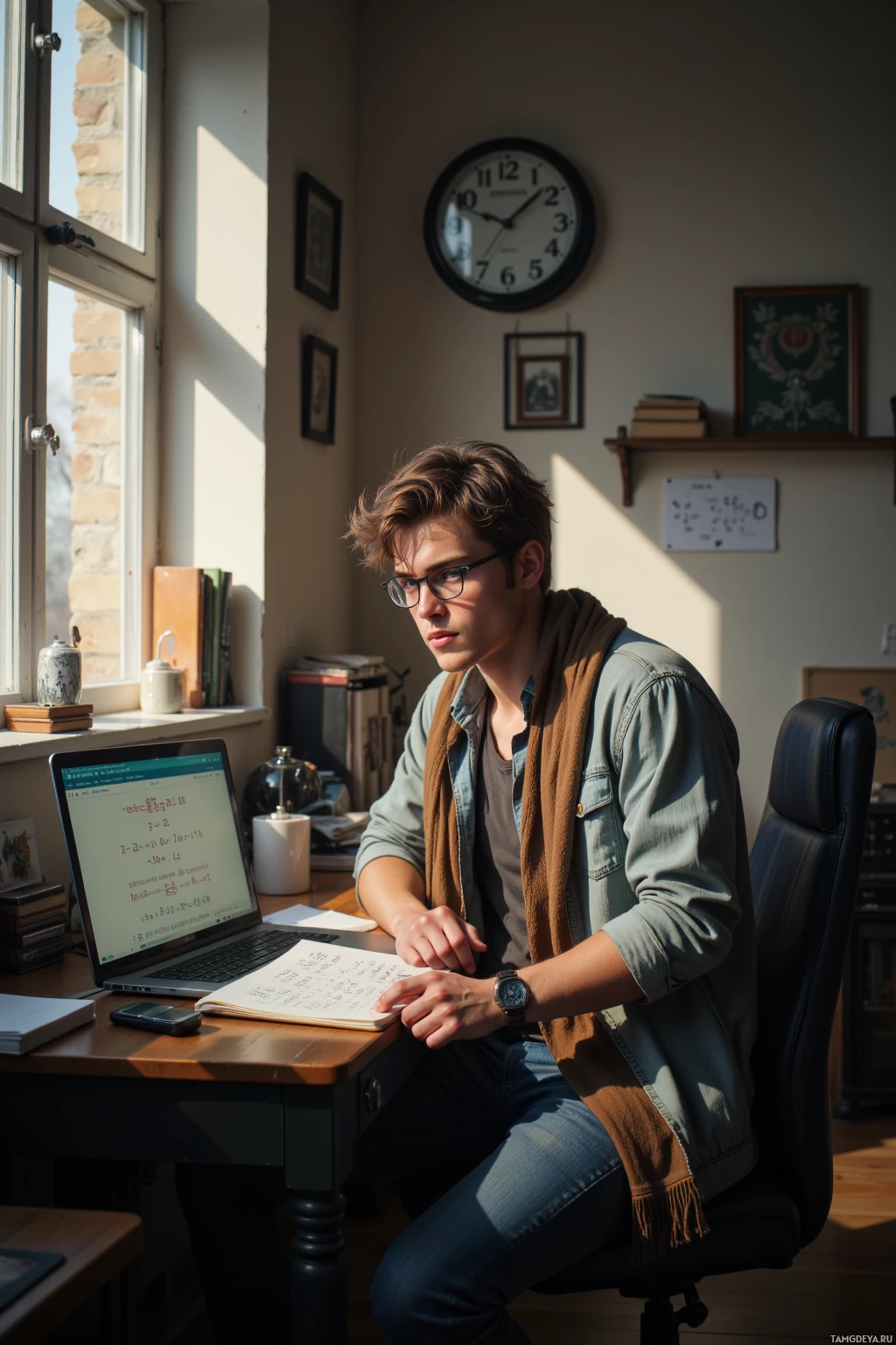 A young man sits at a desk, focused on his laptop in a sunlit room.