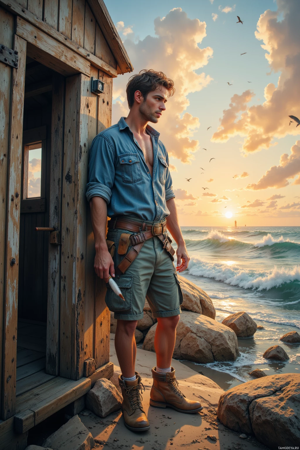 A man stands by a wooden structure on a beach at sunset, gazing out towards the ocean.
