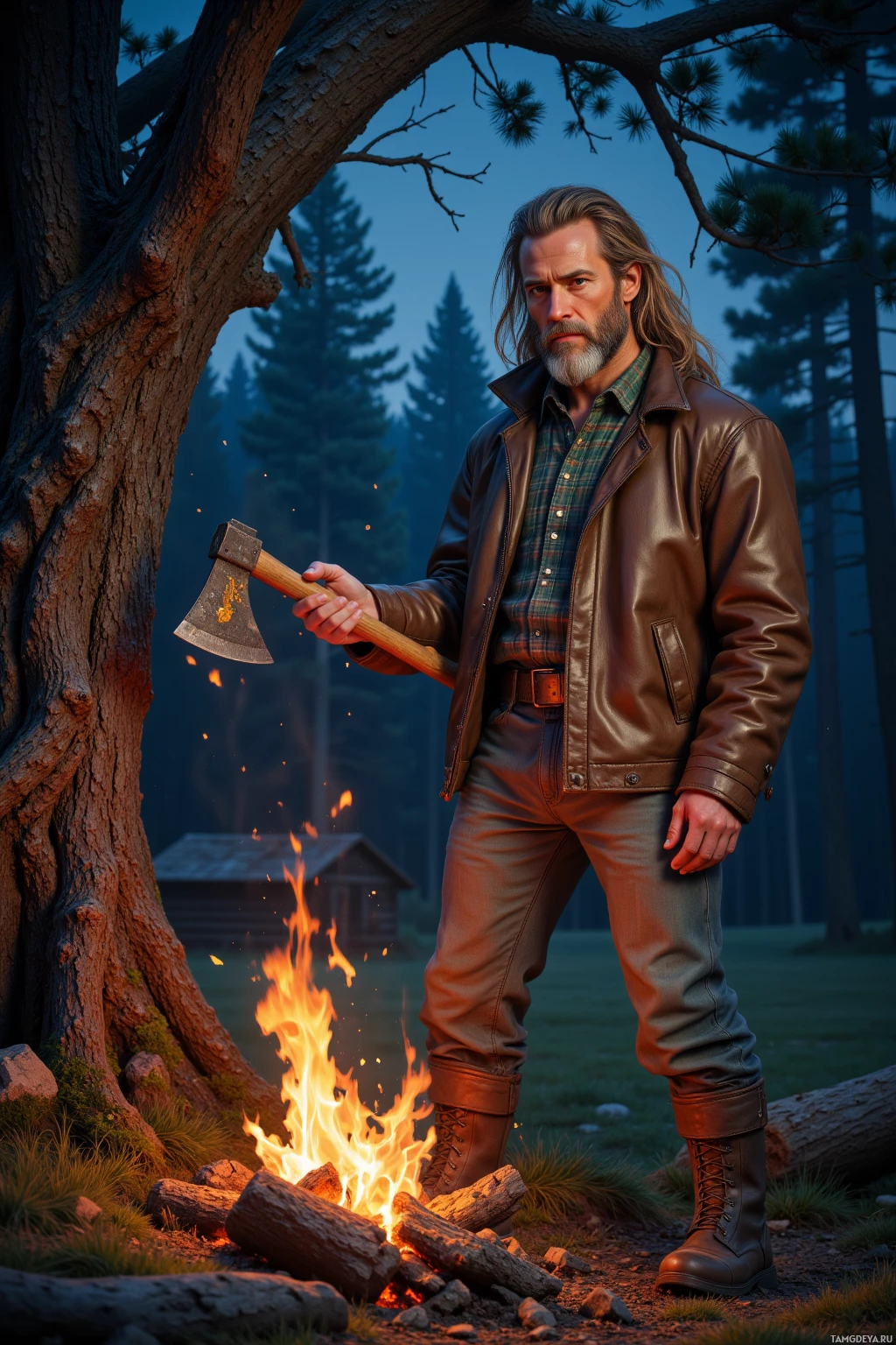 A man stands by a campfire in a forest, holding an axe.