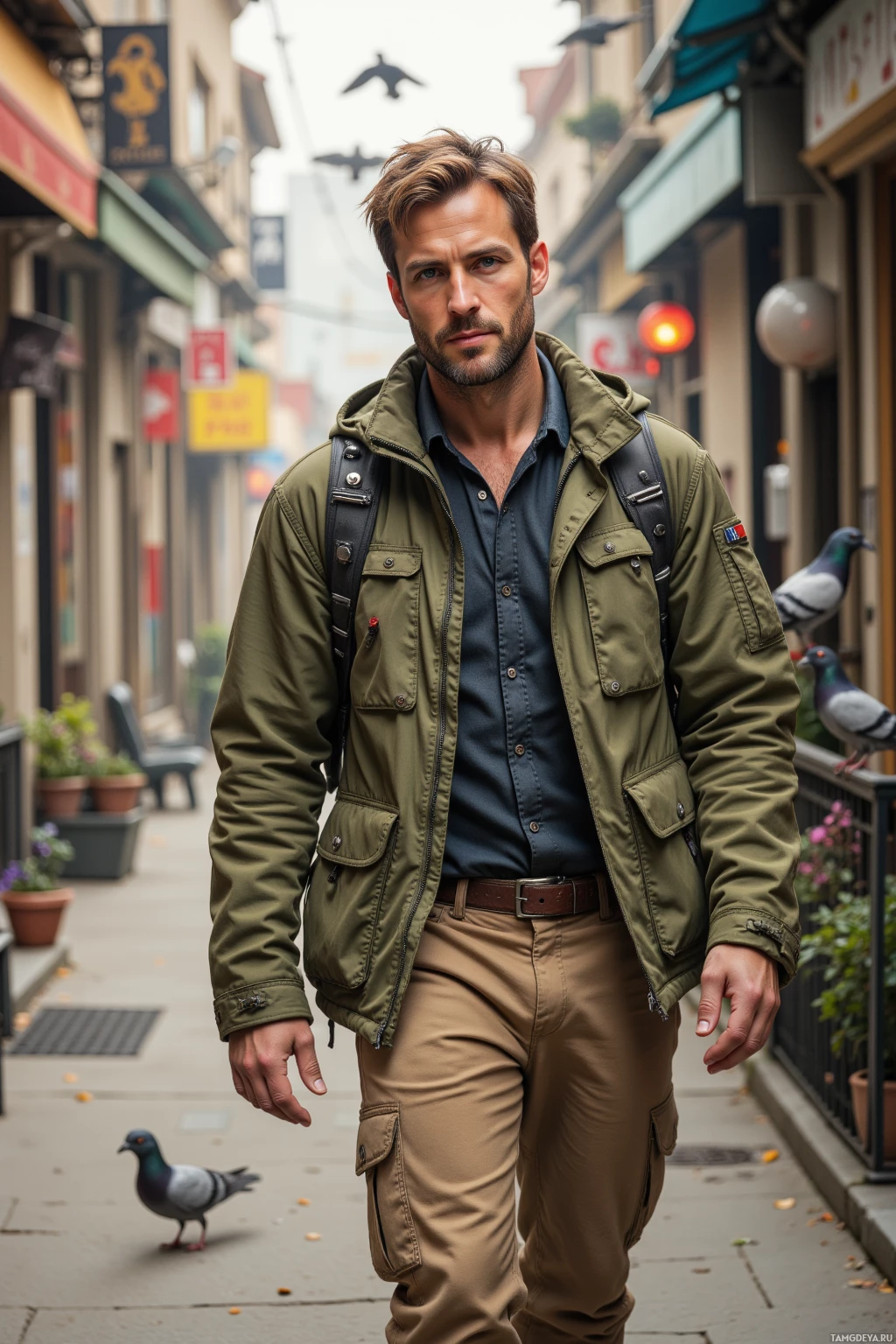 A man in a green jacket and khaki pants walks down a city street.