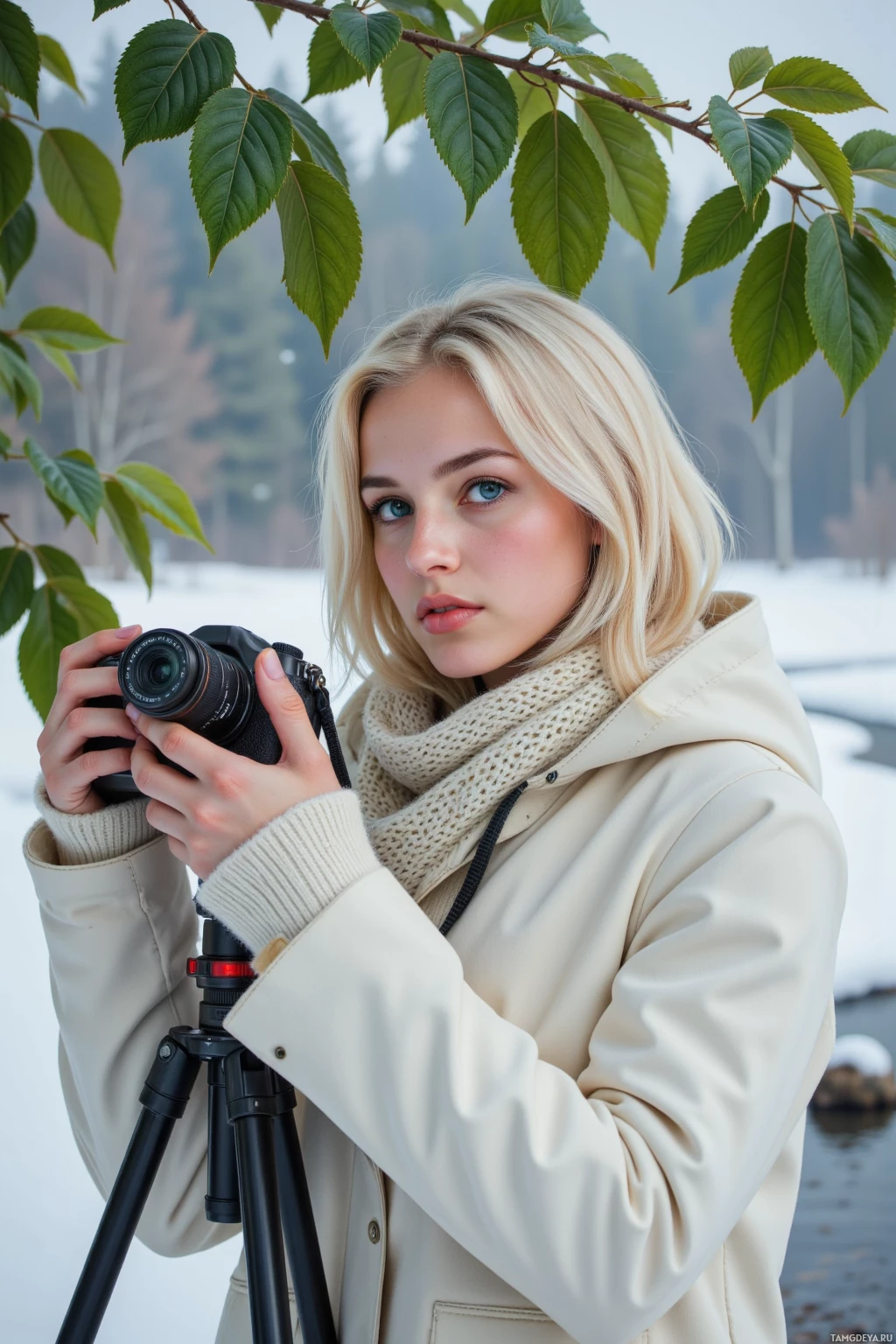 A person in a beige coat holding a camera on a tripod, with green leaves in the foreground.