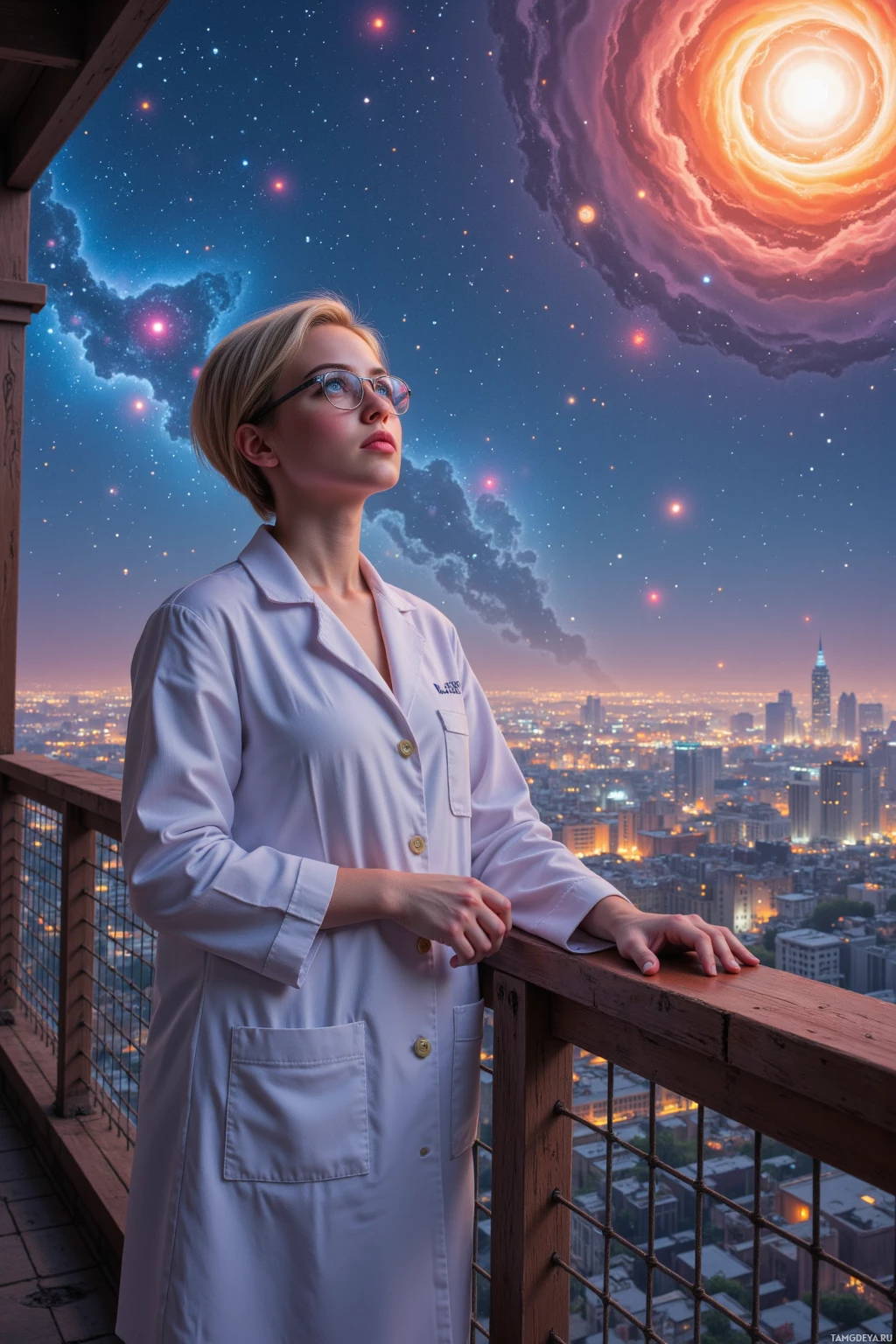 A person in a lab coat stands on a balcony overlooking a cityscape under a starry sky.