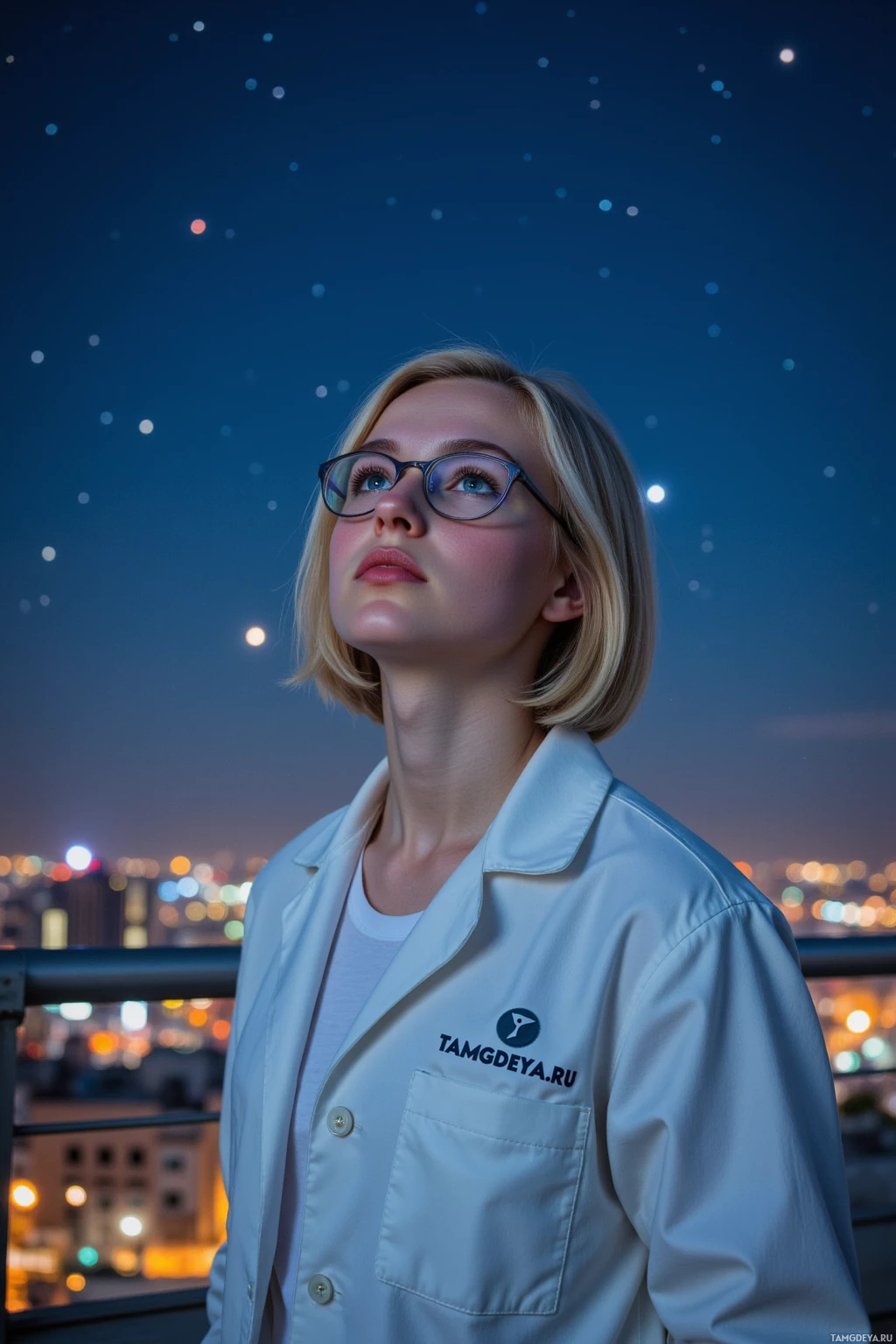 A person wearing glasses and a lab coat stands against a night sky with city lights in the background.