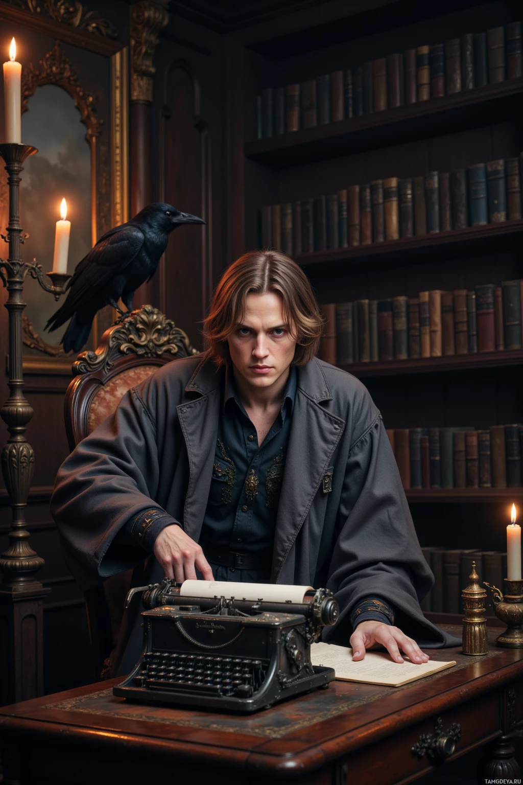 A man sits at a desk with a typewriter, a crow perched on the back of his chair, and a candlelit room filled with books.